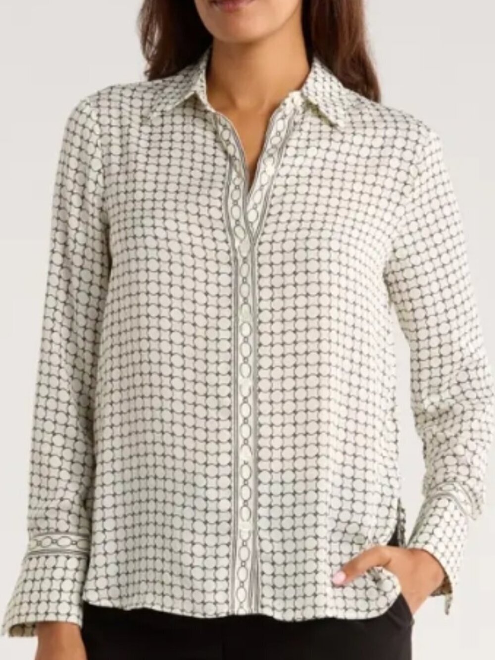 MAX STUDIO Printed Button‑Up Shirt in Cream/Sage Diagonal Diamond, S - NWT